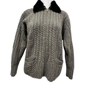 April Cornell Vtg Wool Cable Knit Zip Cardigan, Fur Collar, Green, L